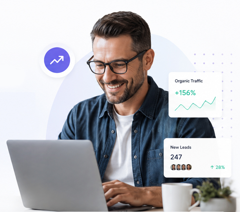 Pickering Website Design — small business owner reviewing analytics on laptop with organic traffic and lead growth cards